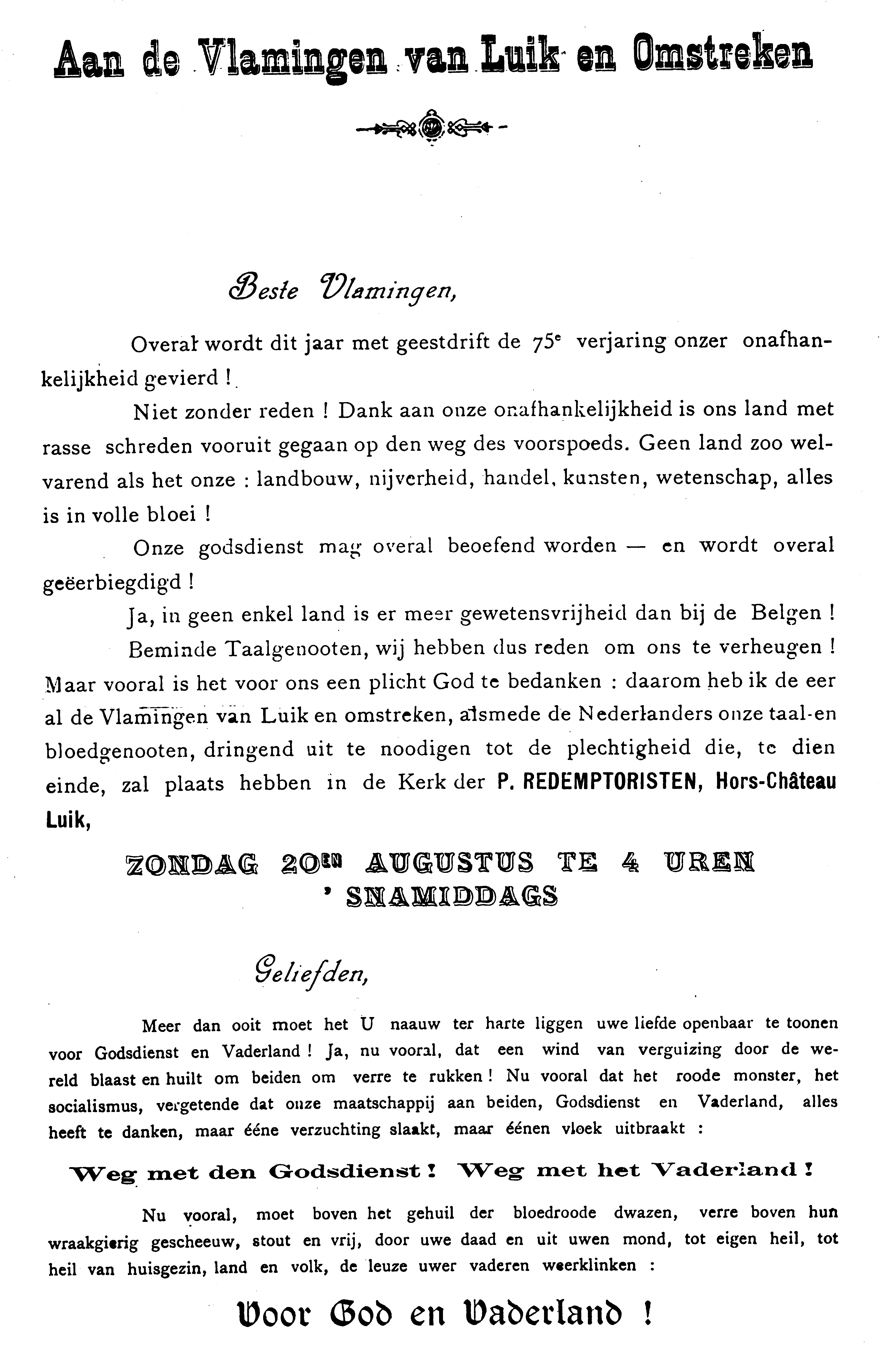 Rondschrijven aan de Vlamingen in Luik uit
1905